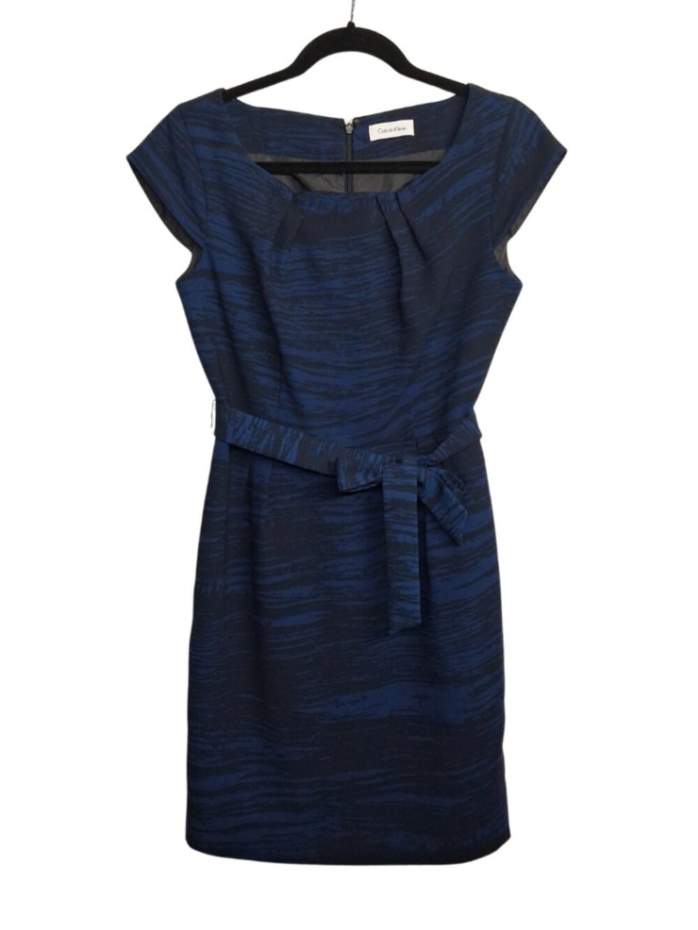 CALVIN KLEIN Blue Marled Dress Sheath Cap Sleeve with Belt Medium